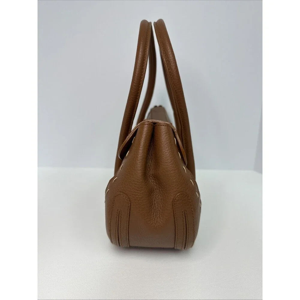 Escada Brown Pebble Leather Stitch Trim Front Flap Gold Hardware Satchel Handbag